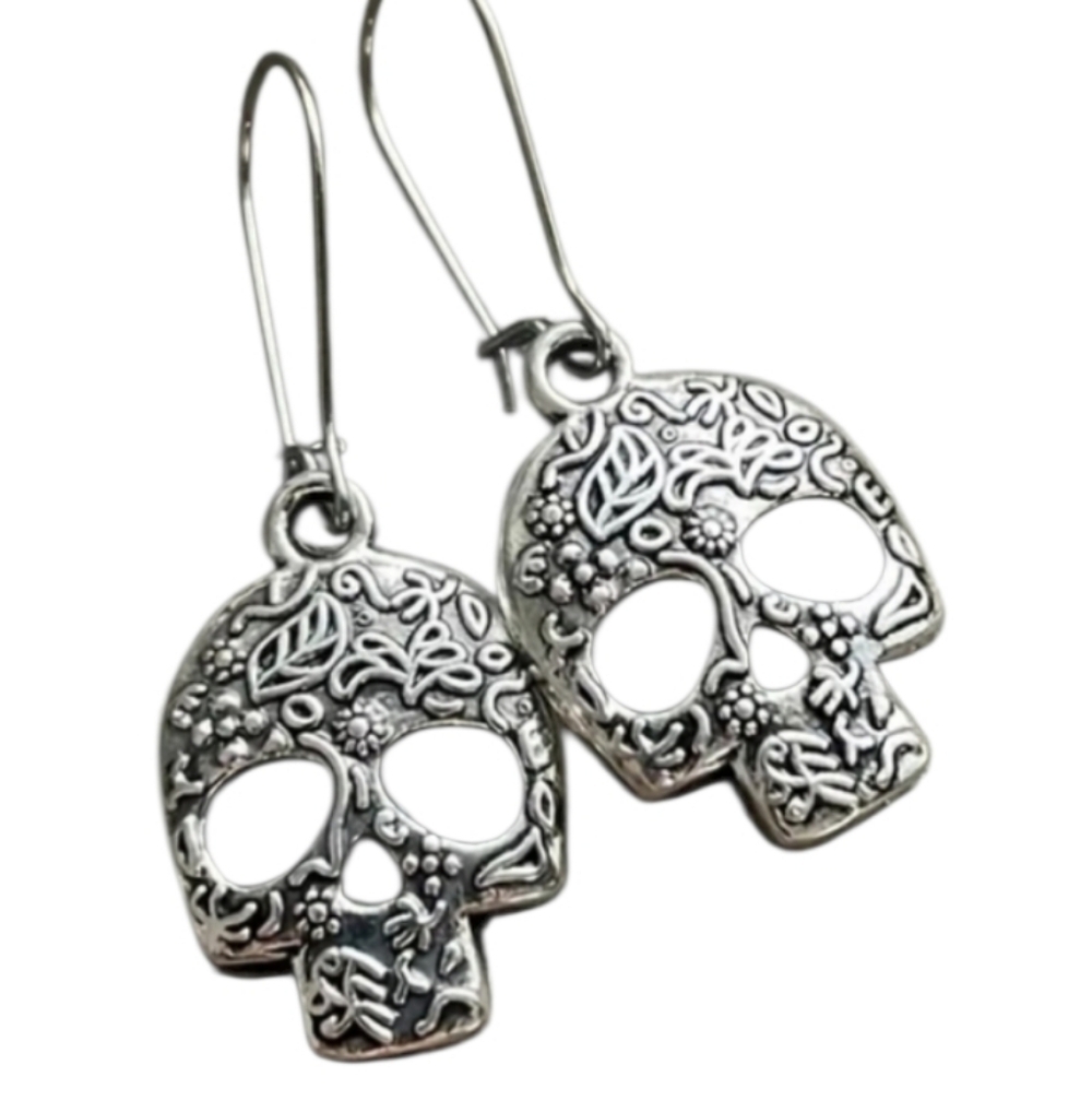 Intricate Silvertone Sugar Skull Earrings - Picture 1 of 4